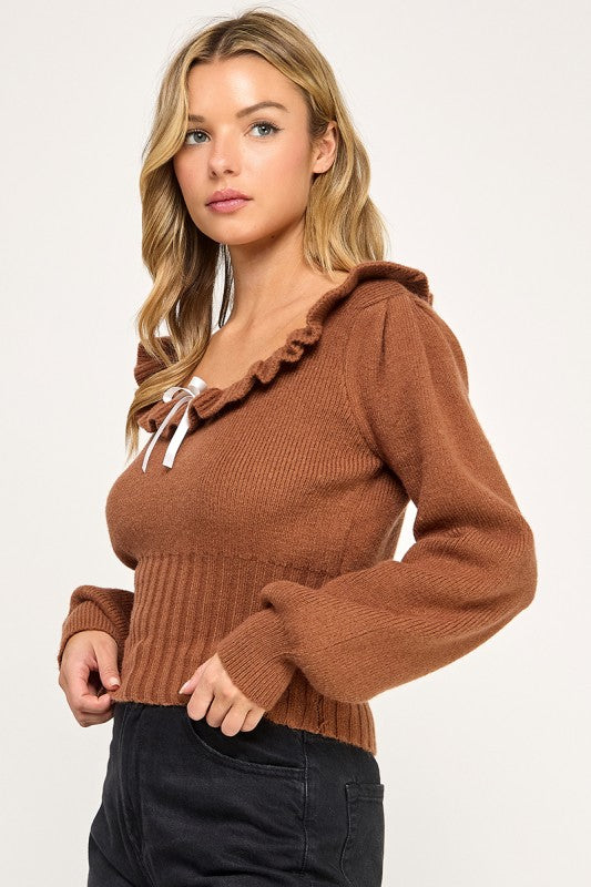 R819-1 Ruffled Neckline Knit Sweater