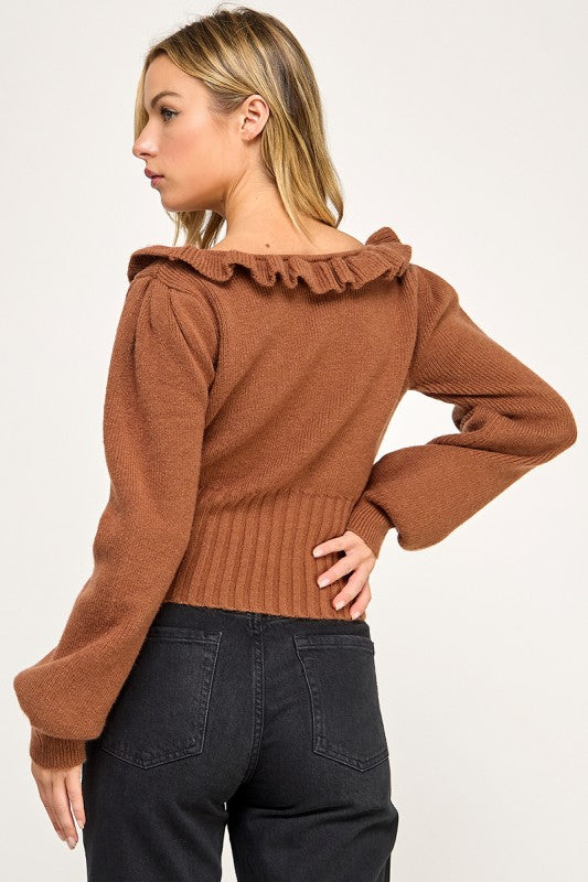 R819-1 Ruffled Neckline Knit Sweater