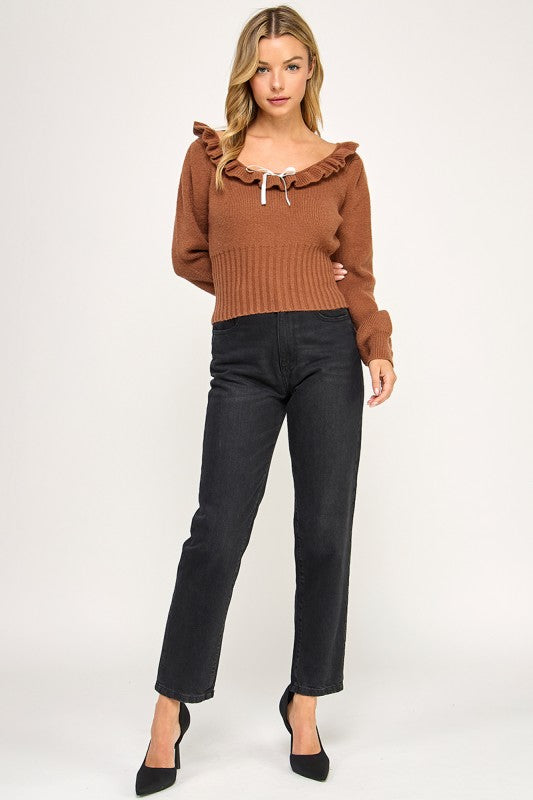 R819-1 Ruffled Neckline Knit Sweater