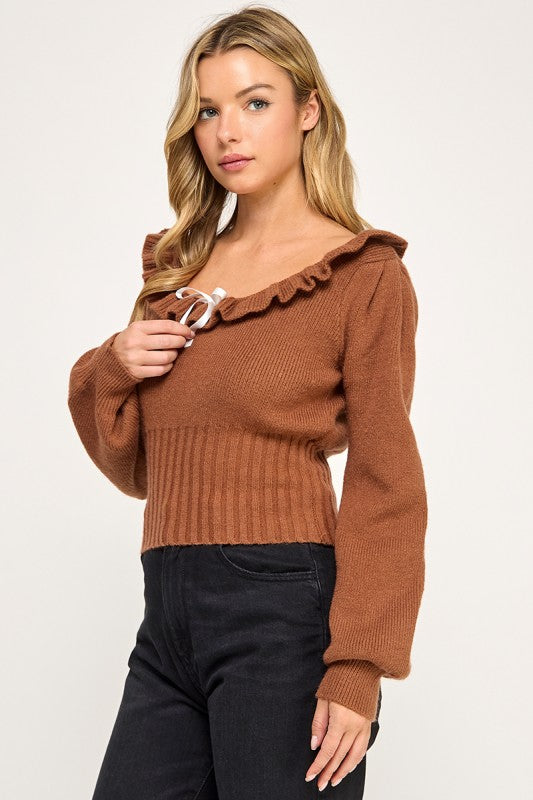 R819-1 Ruffled Neckline Knit Sweater