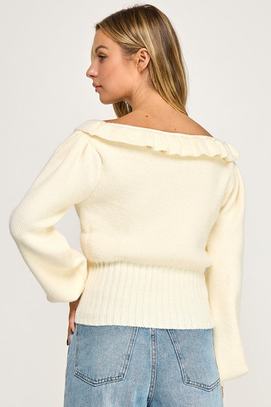 R819-1 Ruffled Neckline Knit Sweater