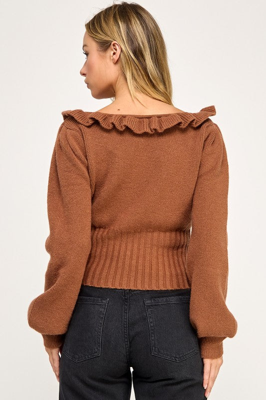 R819-1 Ruffled Neckline Knit Sweater