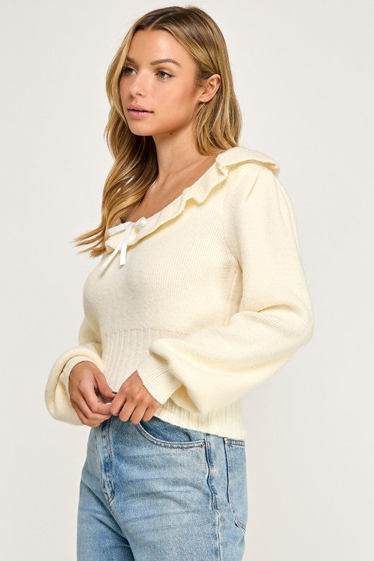 R819-1 Ruffled Neckline Knit Sweater