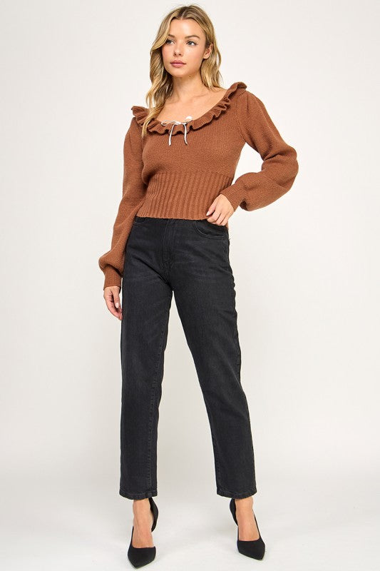 R819-1 Ruffled Neckline Knit Sweater
