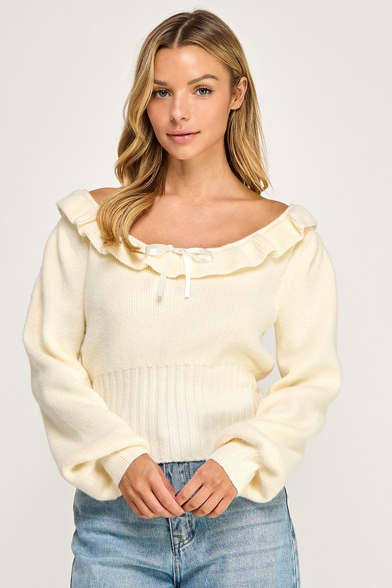 R819-1 Ruffled Neckline Knit Sweater