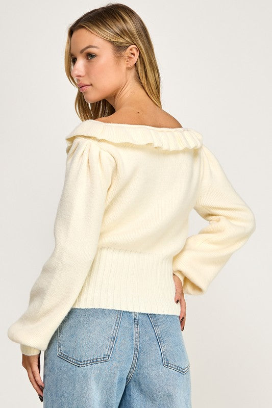 R819-1 Ruffled Neckline Knit Sweater
