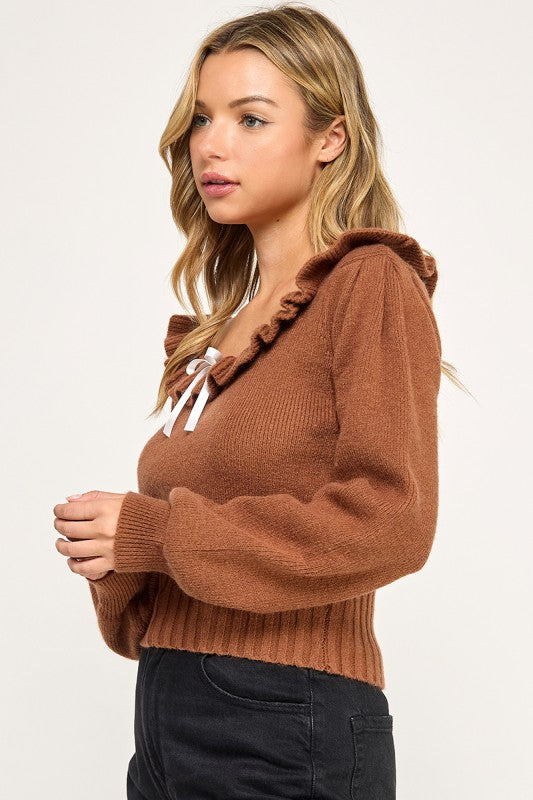 R819-1 Ruffled Neckline Knit Sweater