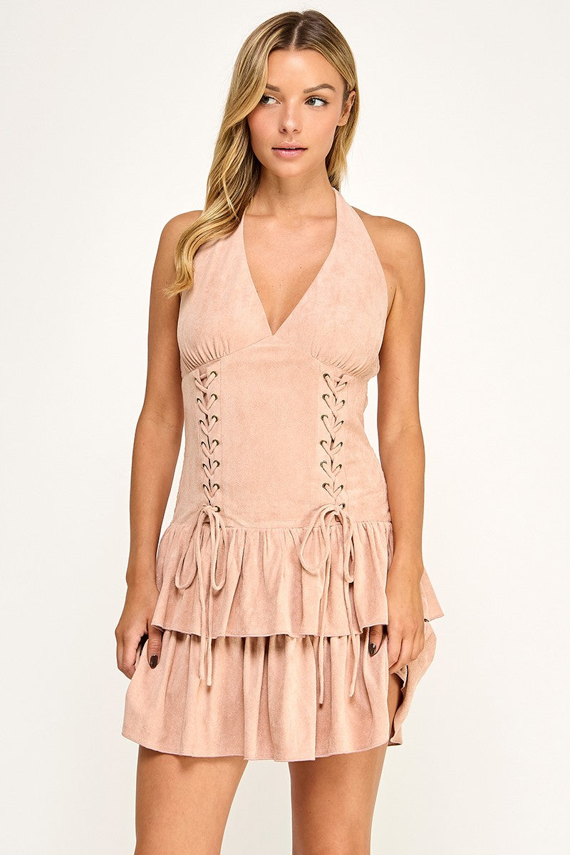 D5625 Lace-Up Tiered Suede Mini Dress