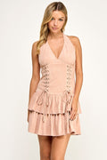 D5625 Lace-Up Tiered Suede Mini Dress