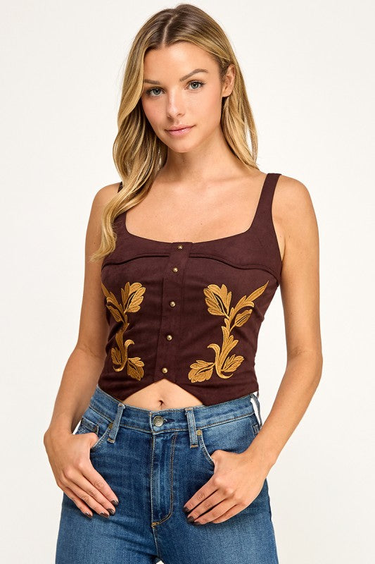 T5580 Embroidered Lace-Up Corset Top