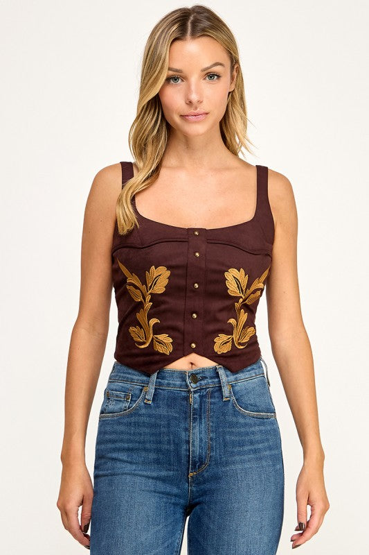 T5580 Embroidered Lace-Up Corset Top