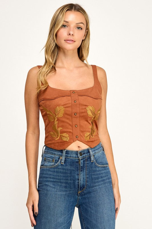 T5580 Embroidered Lace-Up Corset Top