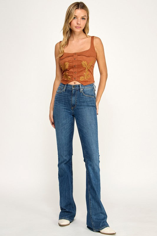 T5580 Embroidered Lace-Up Corset Top