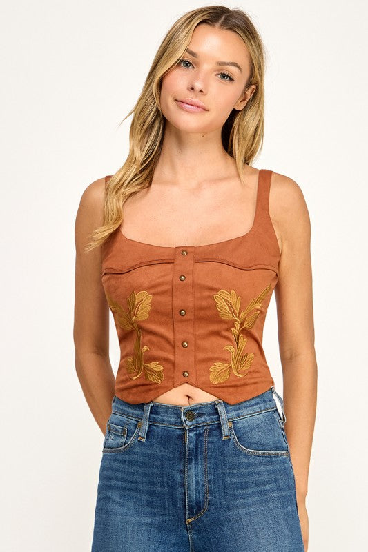 T5580 Embroidered Lace-Up Corset Top