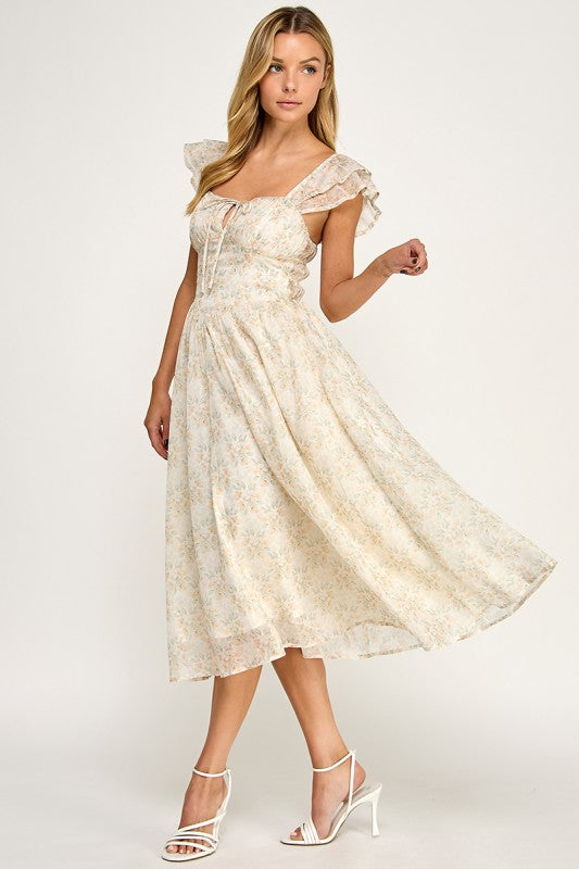Woman wearing a floral dress on a white background
