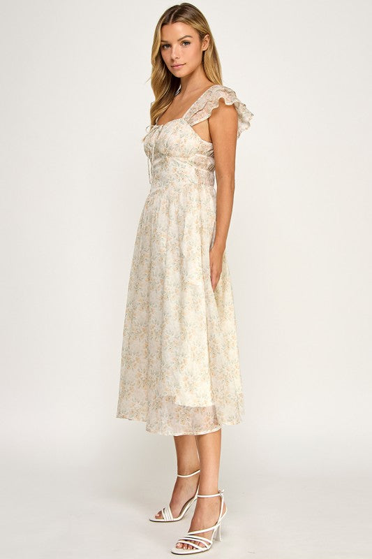 Woman wearing a floral dress on a white background