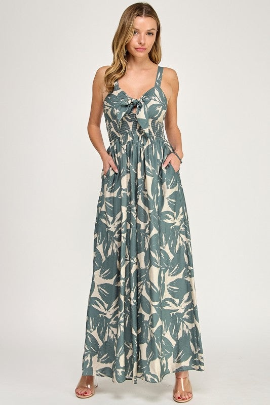 J5631 Tropical Leaf Print Tie-Front Wide Leg Jumpsuit
