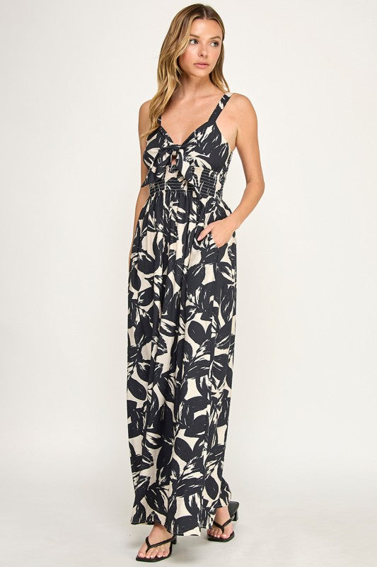 J5631 Tropical Leaf Print Tie-Front Wide Leg Jumpsuit