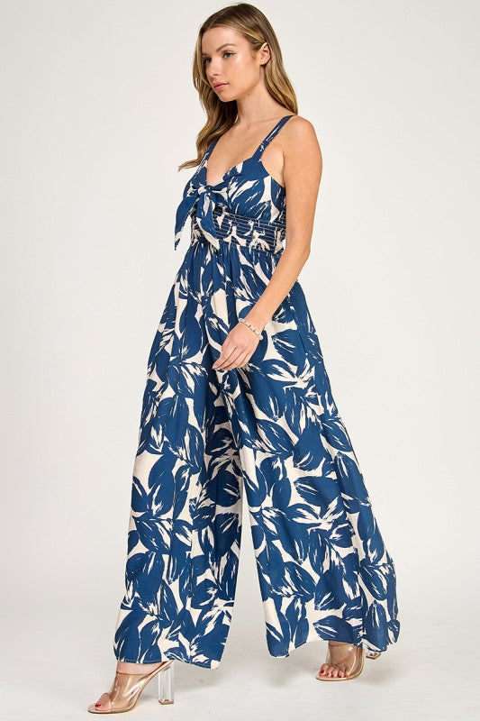 J5631 Tropical Leaf Print Tie-Front Wide Leg Jumpsuit