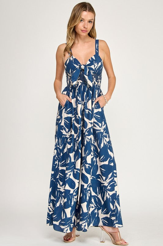 J5631 Tropical Leaf Print Tie-Front Wide Leg Jumpsuit