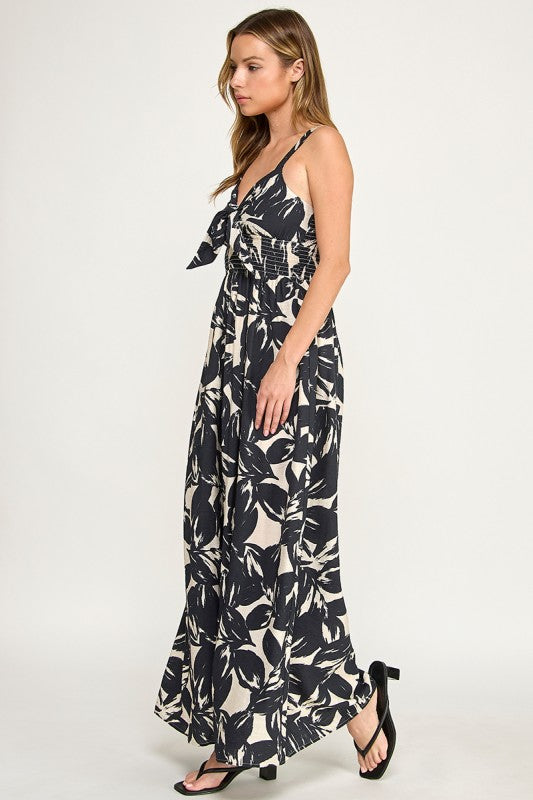 J5631 Tropical Leaf Print Tie-Front Wide Leg Jumpsuit