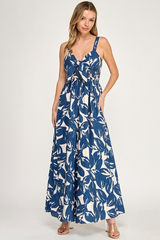 J5631 Tropical Leaf Print Tie-Front Wide Leg Jumpsuit