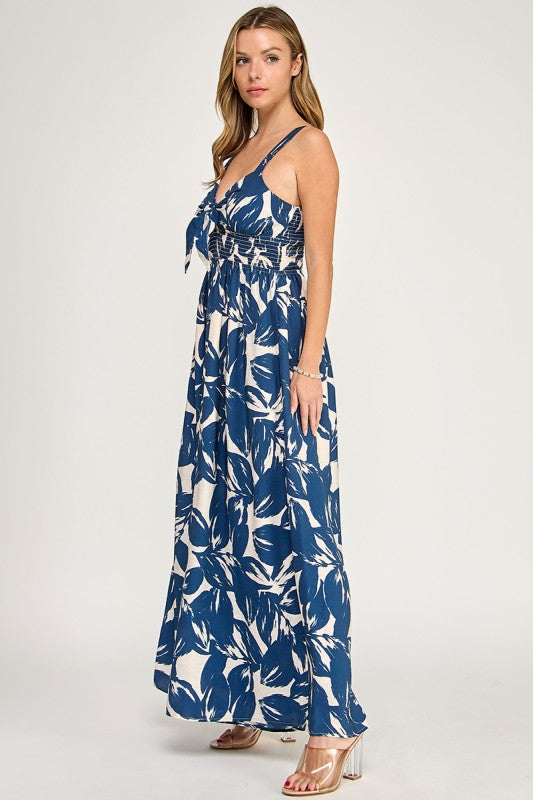 J5631 Tropical Leaf Print Tie-Front Wide Leg Jumpsuit