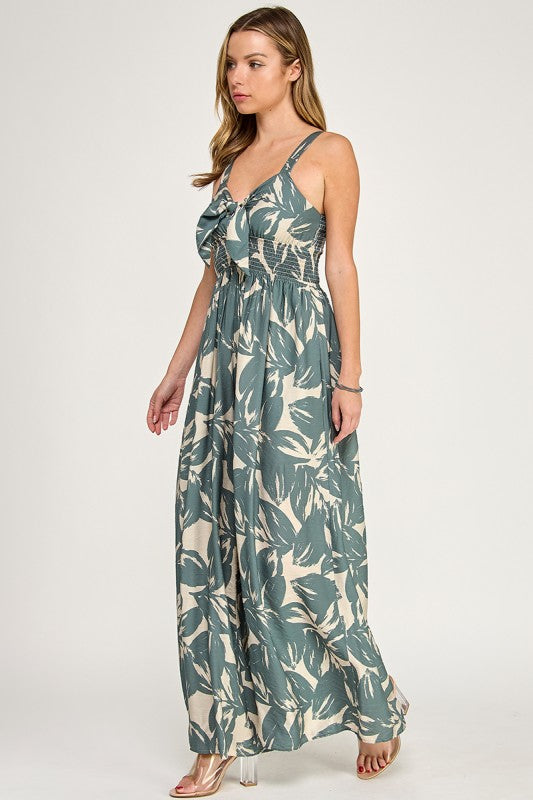 J5631 Tropical Leaf Print Tie-Front Wide Leg Jumpsuit