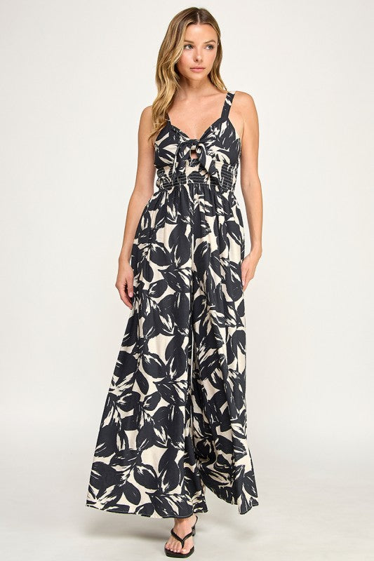 J5631 Tropical Leaf Print Tie-Front Wide Leg Jumpsuit