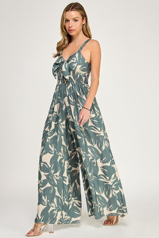 J5631 Tropical Leaf Print Tie-Front Wide Leg Jumpsuit