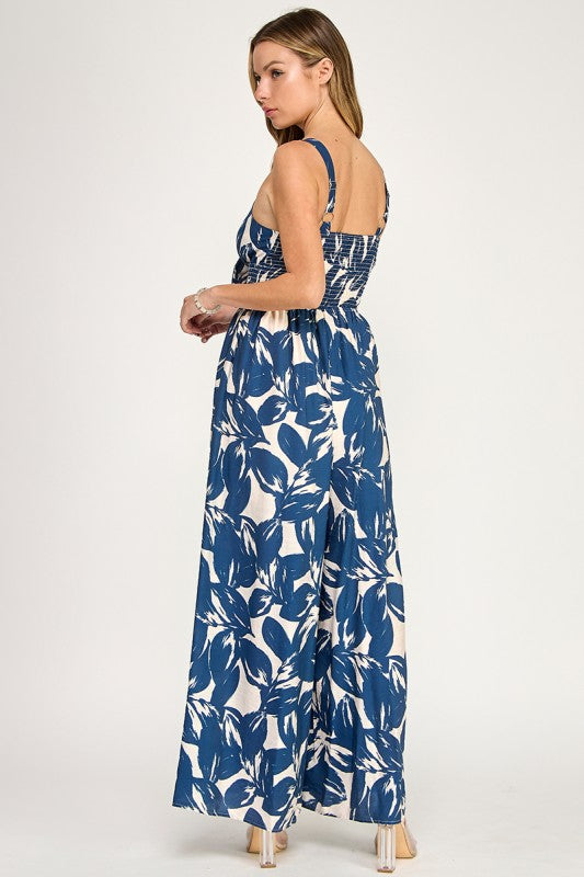 J5631 Tropical Leaf Print Tie-Front Wide Leg Jumpsuit