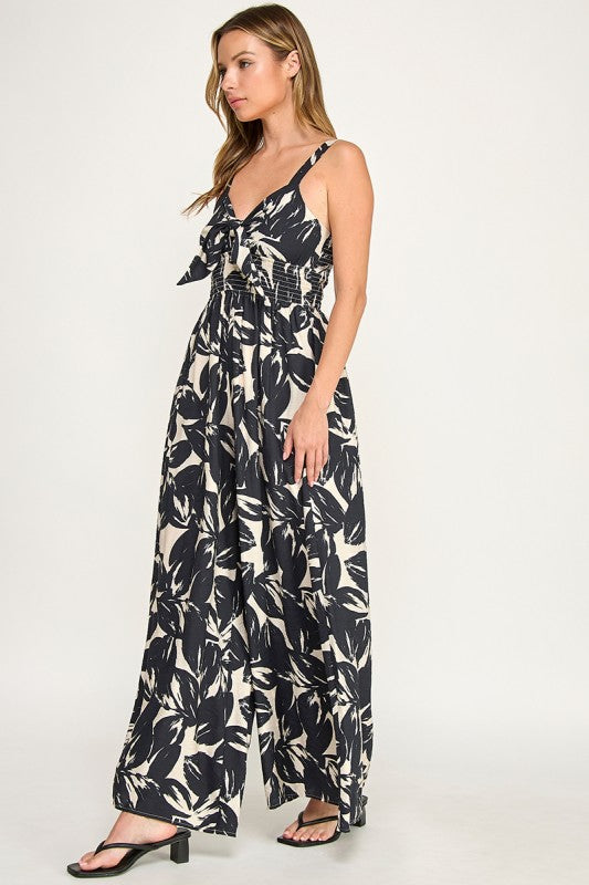J5631 Tropical Leaf Print Tie-Front Wide Leg Jumpsuit