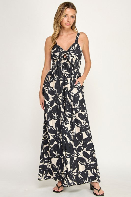 J5631 Tropical Leaf Print Tie-Front Wide Leg Jumpsuit