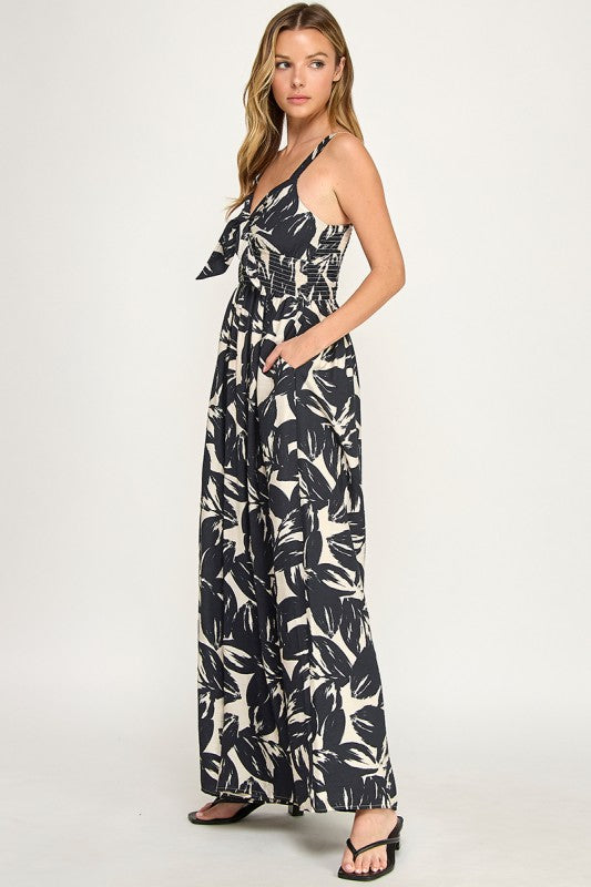 J5631 Tropical Leaf Print Tie-Front Wide Leg Jumpsuit