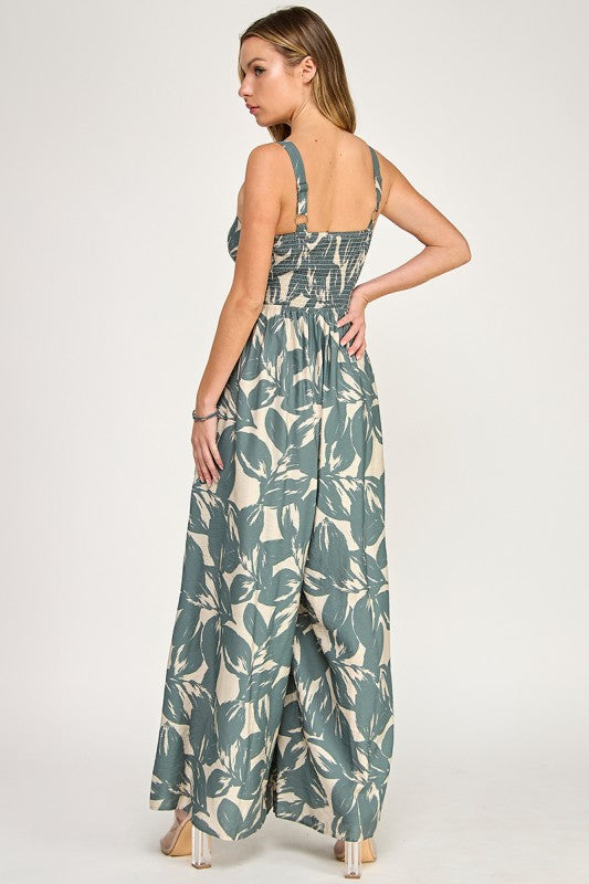 J5631 Tropical Leaf Print Tie-Front Wide Leg Jumpsuit
