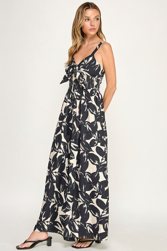 J5631 Tropical Leaf Print Tie-Front Wide Leg Jumpsuit