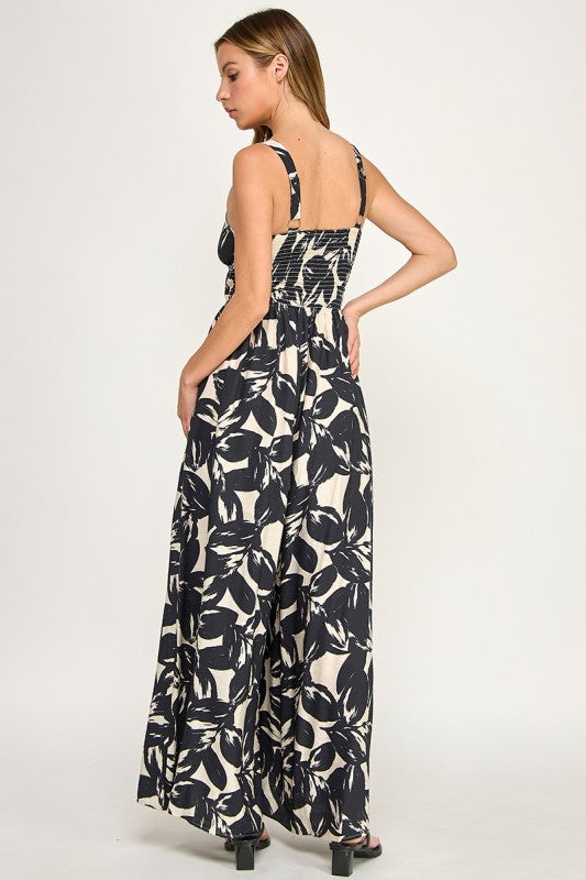 J5631 Tropical Leaf Print Tie-Front Wide Leg Jumpsuit