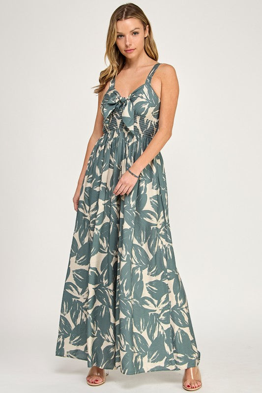J5631 Tropical Leaf Print Tie-Front Wide Leg Jumpsuit