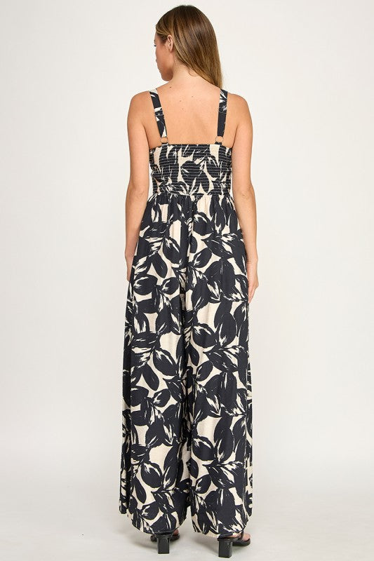 J5631 Tropical Leaf Print Tie-Front Wide Leg Jumpsuit
