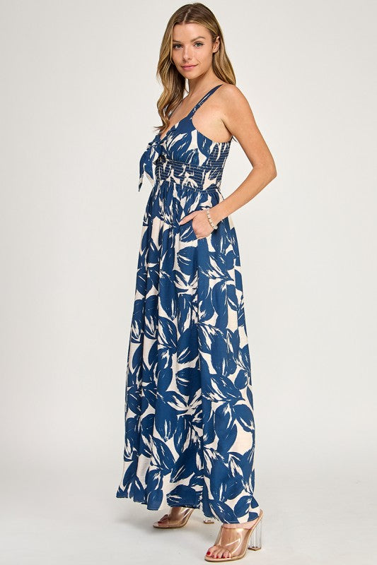 J5631 Tropical Leaf Print Tie-Front Wide Leg Jumpsuit