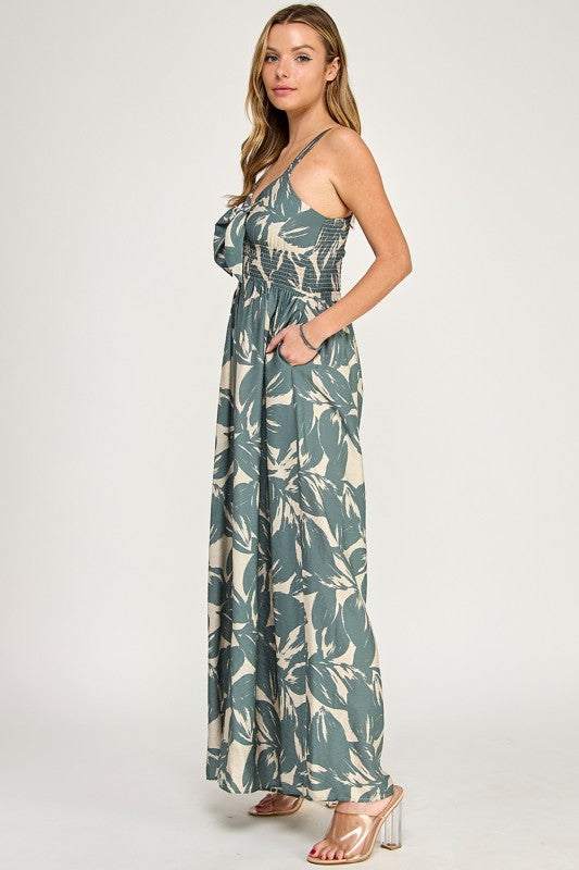 J5631 Tropical Leaf Print Tie-Front Wide Leg Jumpsuit