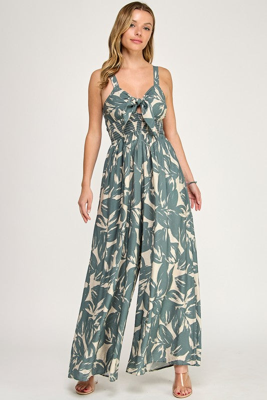 J5631 Tropical Leaf Print Tie-Front Wide Leg Jumpsuit