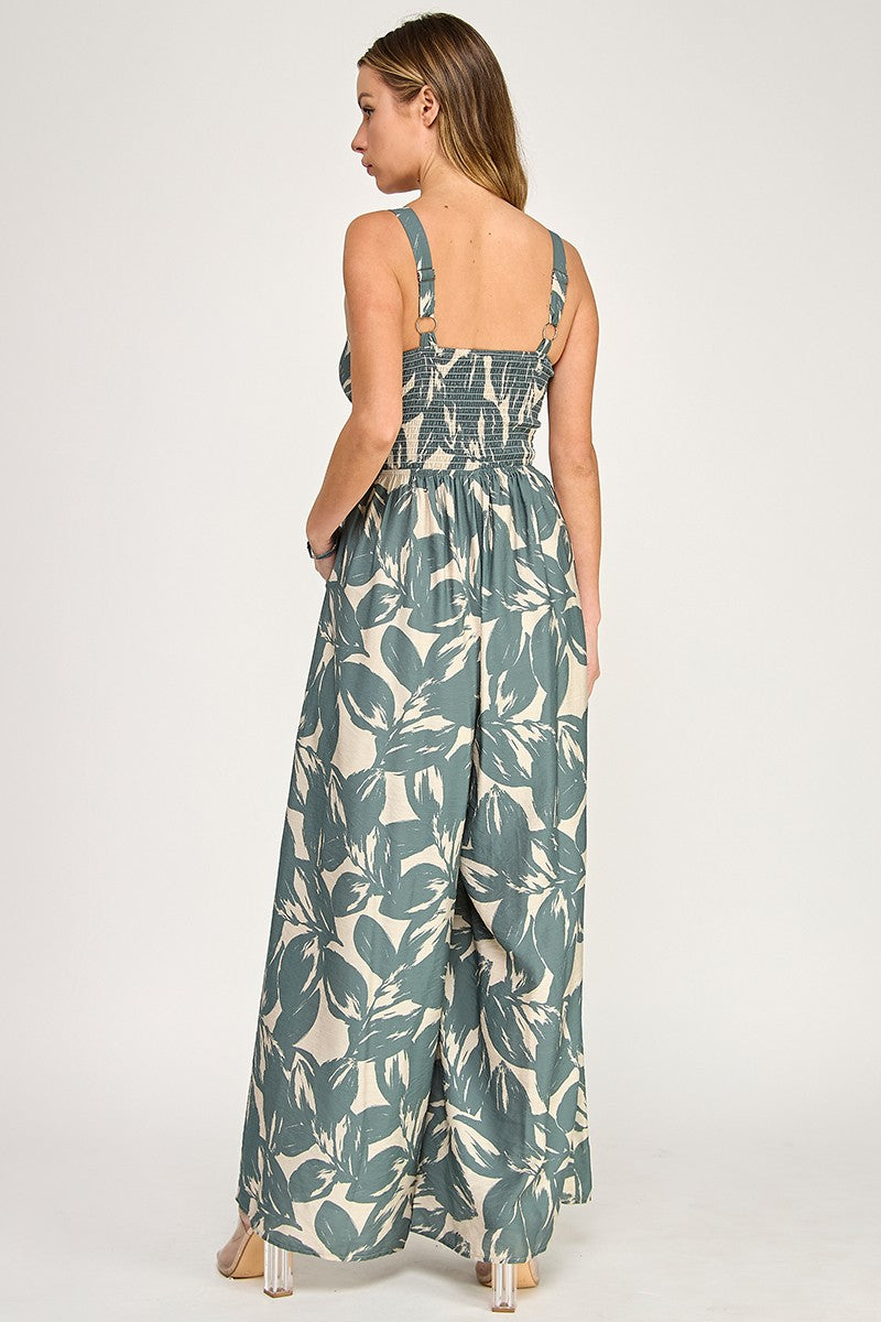 J5631 Tropical Leaf Print Tie-Front Wide Leg Jumpsuit