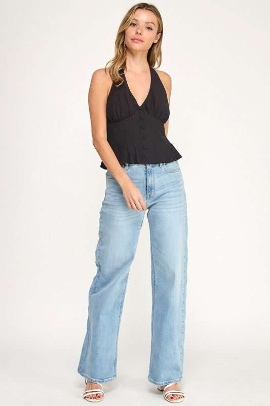 T5481 Halter Neck Button-Front Woven Top