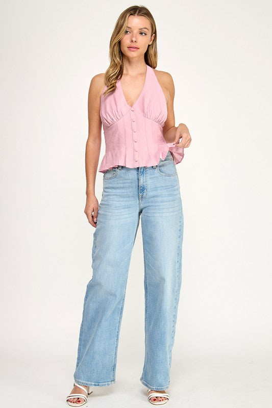 T5481 Halter Neck Button-Front Woven Top
