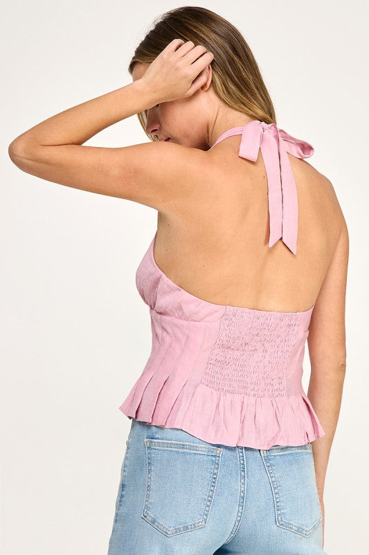 T5481 Halter Neck Button-Front Woven Top