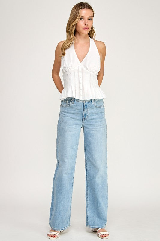 T5481 Halter Neck Button-Front Woven Top