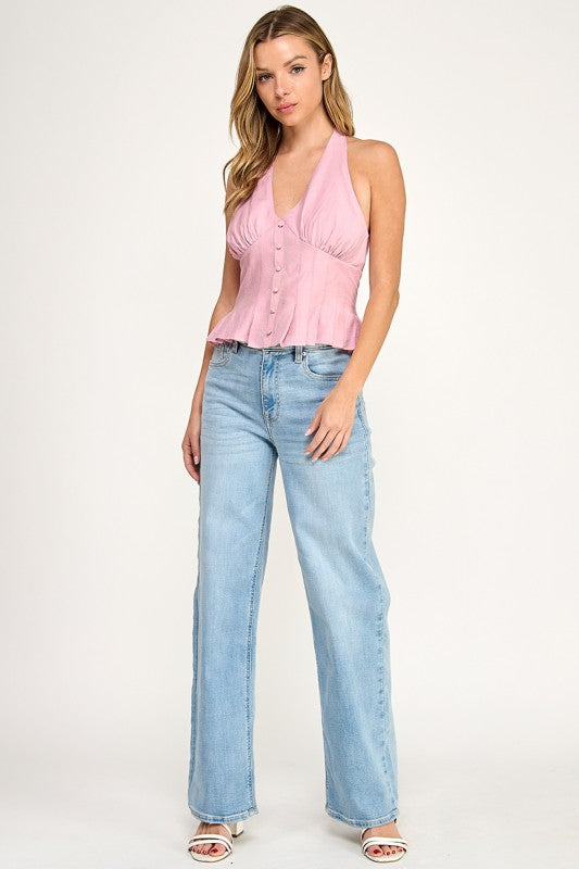 T5481 Halter Neck Button-Front Woven Top