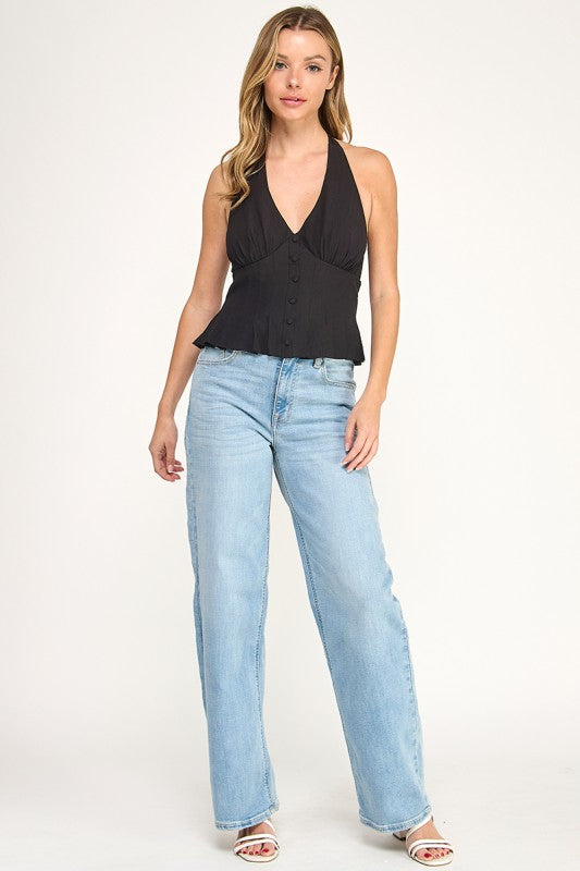 T5481 Halter Neck Button-Front Woven Top