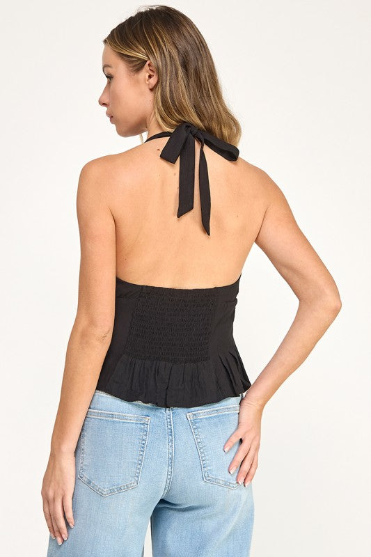T5481 Halter Neck Button-Front Woven Top